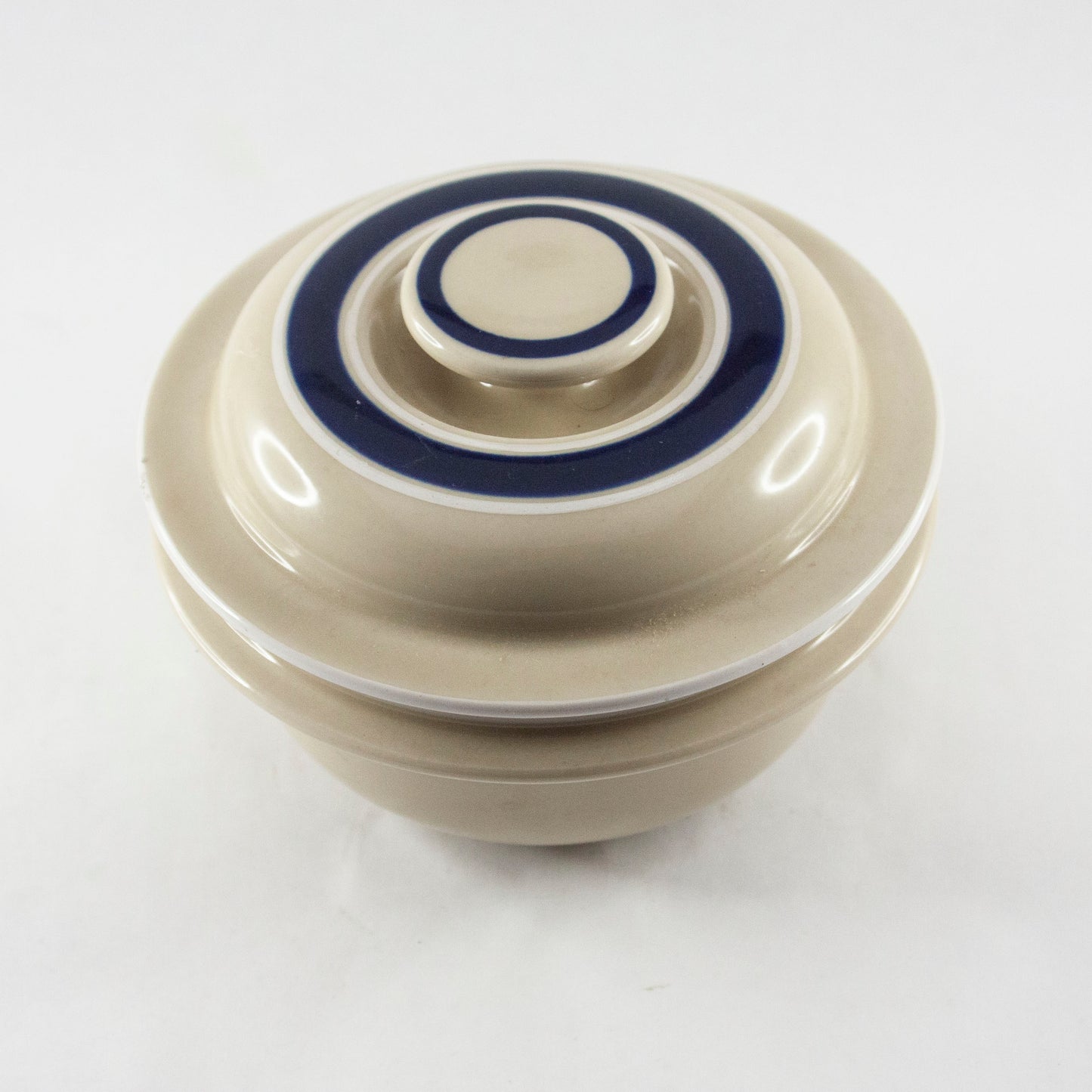 Large Cream Lidded Bowl with Blue Stripes